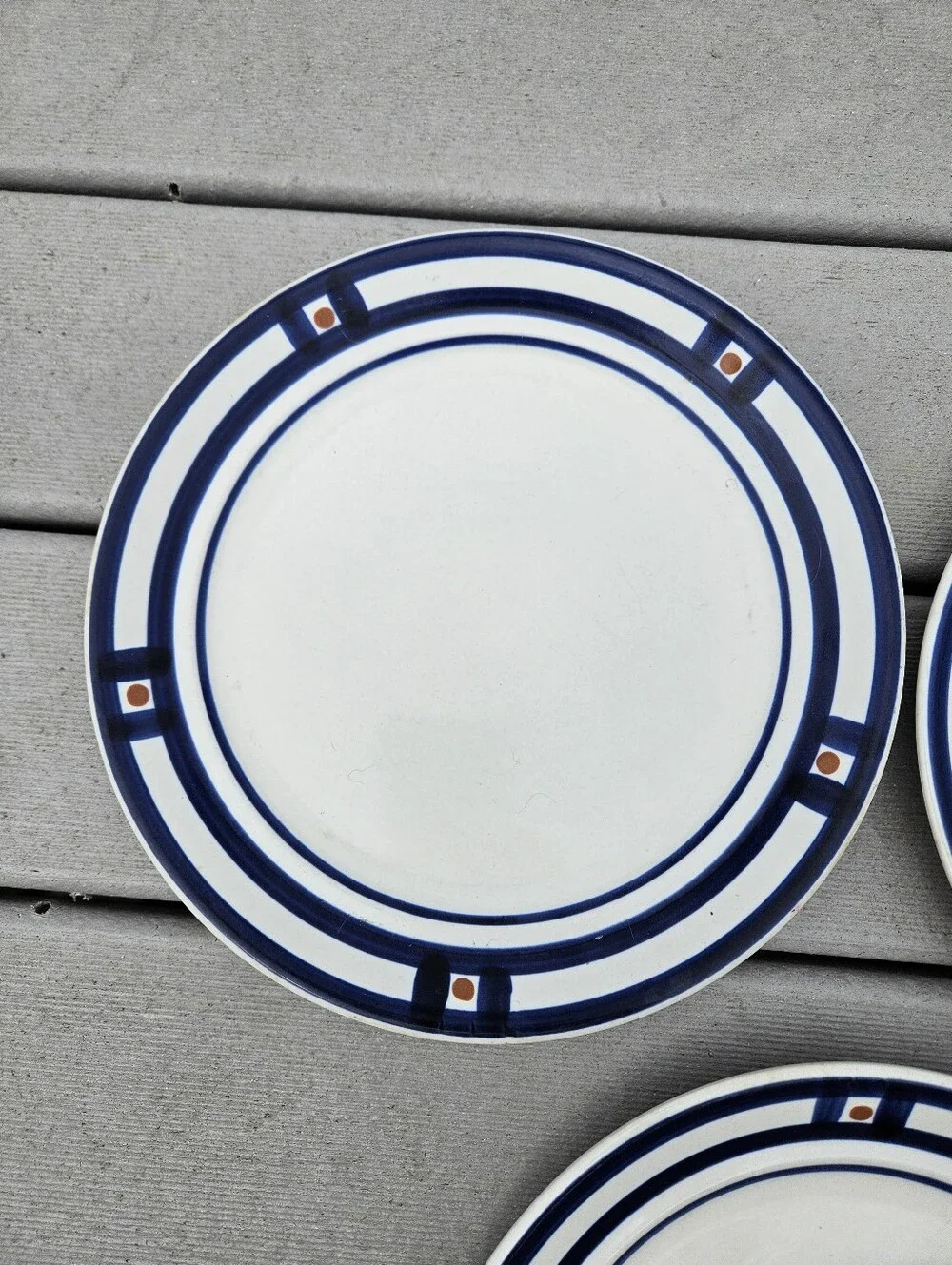 Mikasa White Dinner Plates with Navy Blue and Brown Accent - Set of 3